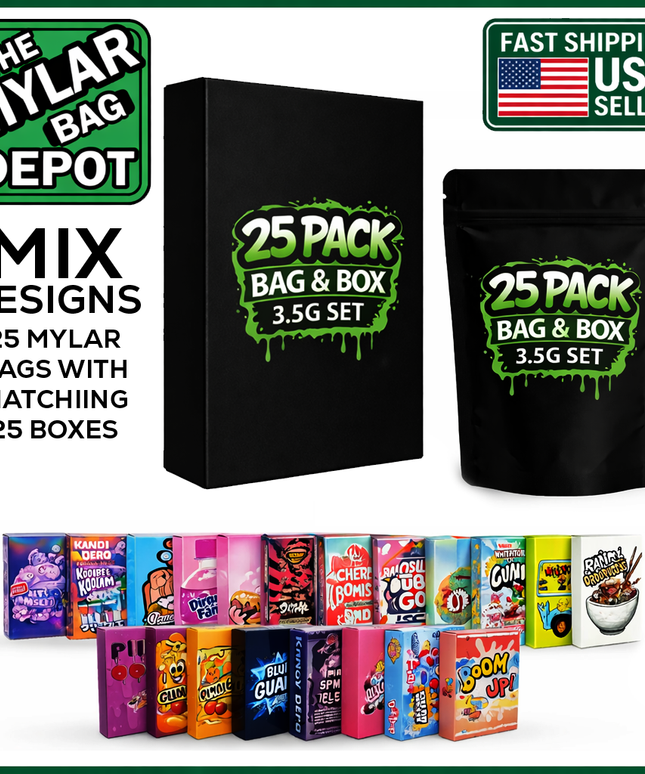 25 Pack 3.5g Mylar Bags and Matching Boxes Mystery Retail Packaging Pouches - Assorted Designs