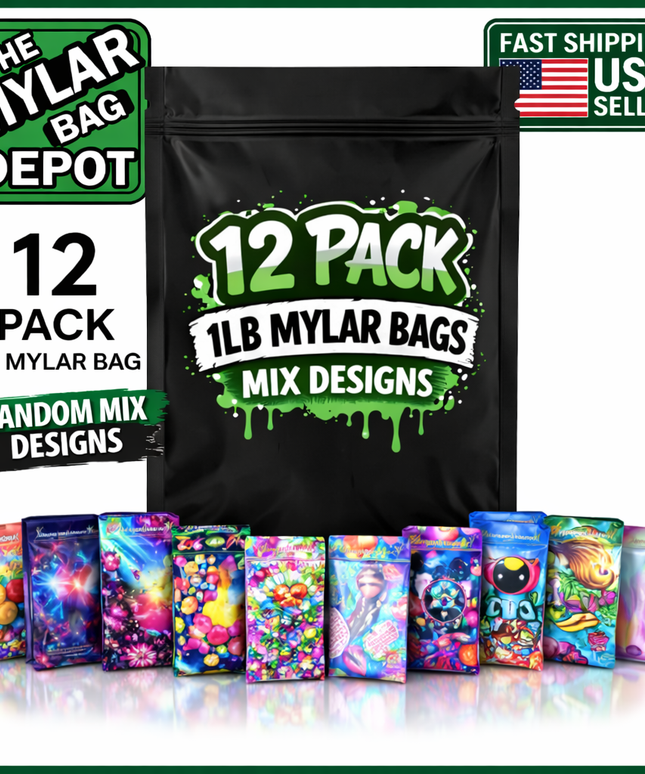 12 Pack 1lb Pound X-Large (12"x15") Mylar Bags Mystery Retail Packaging Pouches - Assorted Designs