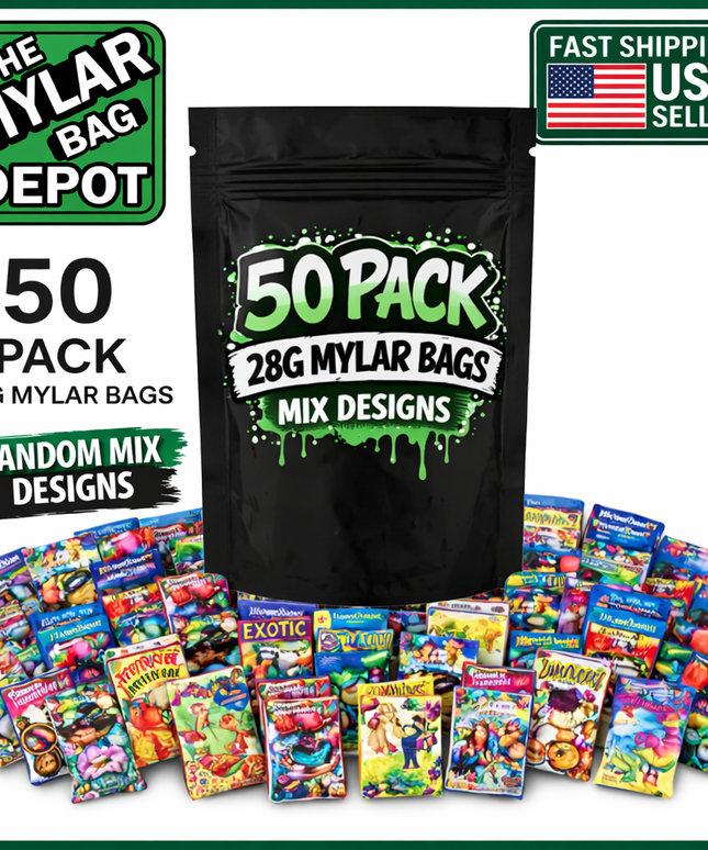 50 Pack 28g Large (6"x8") Mylar Bags Mystery Retail Packaging Pouches - Assorted Designs
