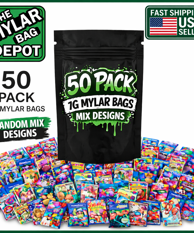 50 Pack 7g Medium (4"x6.25") Mystery Retail Packaging Pouches - Assorted Designs