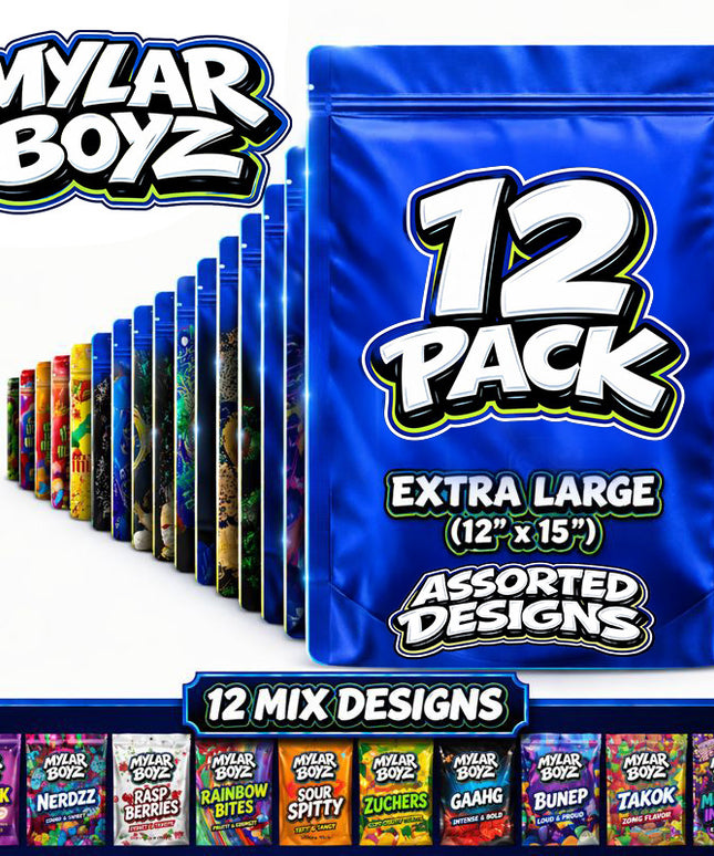 12 Pack 1lb Pound X-Large (12"x15") Mylar Bags Mystery Retail Packaging Pouches - Assorted Designs