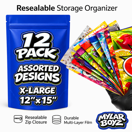 12 Pack 1lb Pound X-Large (12"x15") Mylar Bags Mystery Retail Packaging Pouches - Assorted Designs