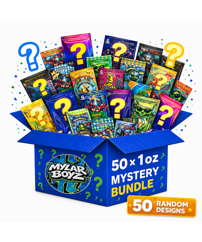 50 Pack 28g oz Mylar Bags Mystery Bundle Assorted Designs