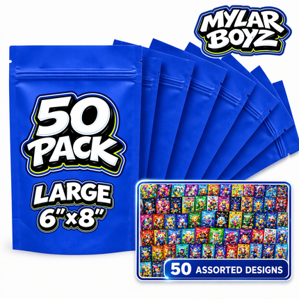 50 Pack 28g Large (6"x8") Mylar Bags Mystery Retail Packaging Pouches - Assorted Designs