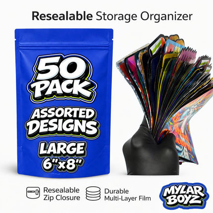 50 Pack 28g Large (6"x8") Mylar Bags Mystery Retail Packaging Pouches - Assorted Designs