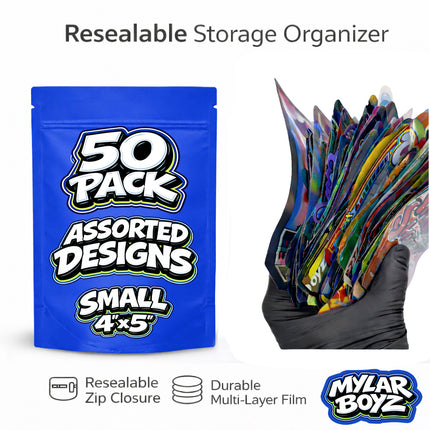 50 Pack 3.5g Small (3.5"x5")  Mylar Bags Mystery Storage Containers - Random Designs