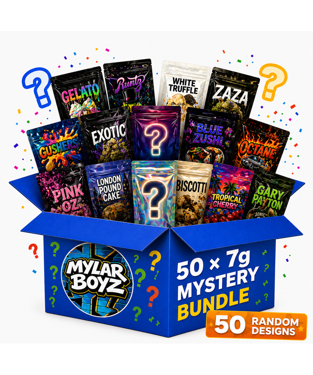 50 Pack 7g Medium (4"x6.25") Mystery Retail Packaging Pouches - Assorted Designs