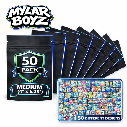 50 Pack 7g Medium (4"x6.25") Mystery Retail Packaging Pouches - Assorted Designs