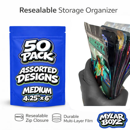50 Pack 7g Medium (4"x6.25") Mystery Retail Packaging Pouches - Assorted Designs