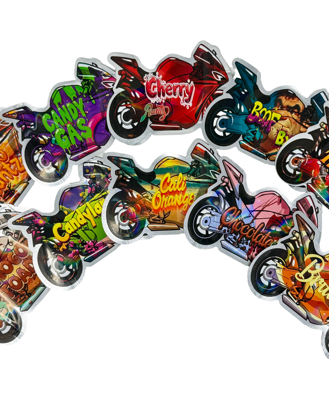 50 Pack 3.5G Mylar Bags Mix Designs - Motorbikes
