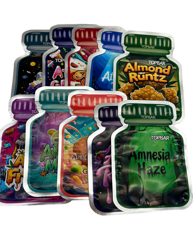 50 Pack 3.5G Mylar Bags Mix Designs - Pharma Bottle