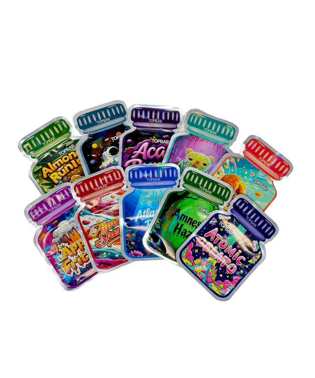 50 Pack 3.5G Mylar Bags Mix Designs - Pharma Bottle