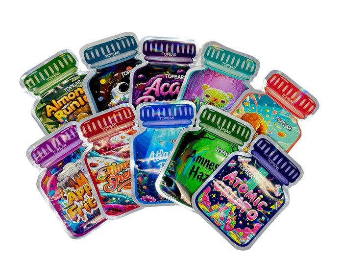 50 Pack 3.5G Mylar Bags Mix Designs - Pharma Bottle