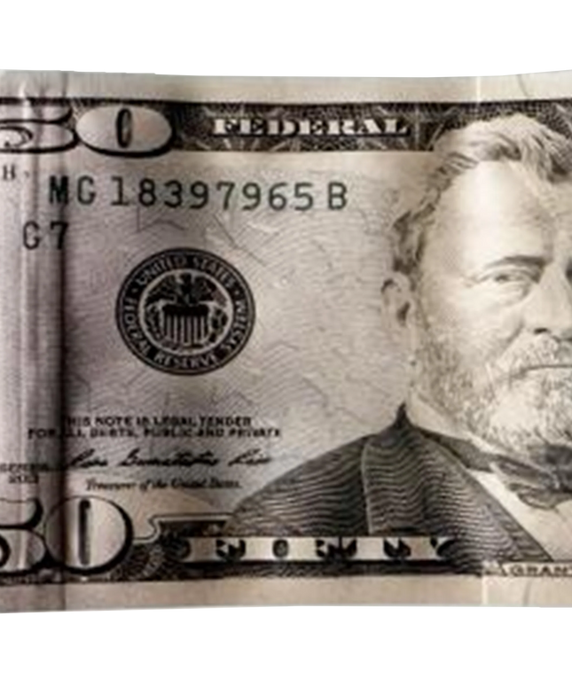 Money Mylar bag 3.5g, herb Mylar Bags, Where to buy mylar bags, Custom mylar bags near me, Mylar Bags Wholesale. Fifty-dollar bill with a portrait on a white background