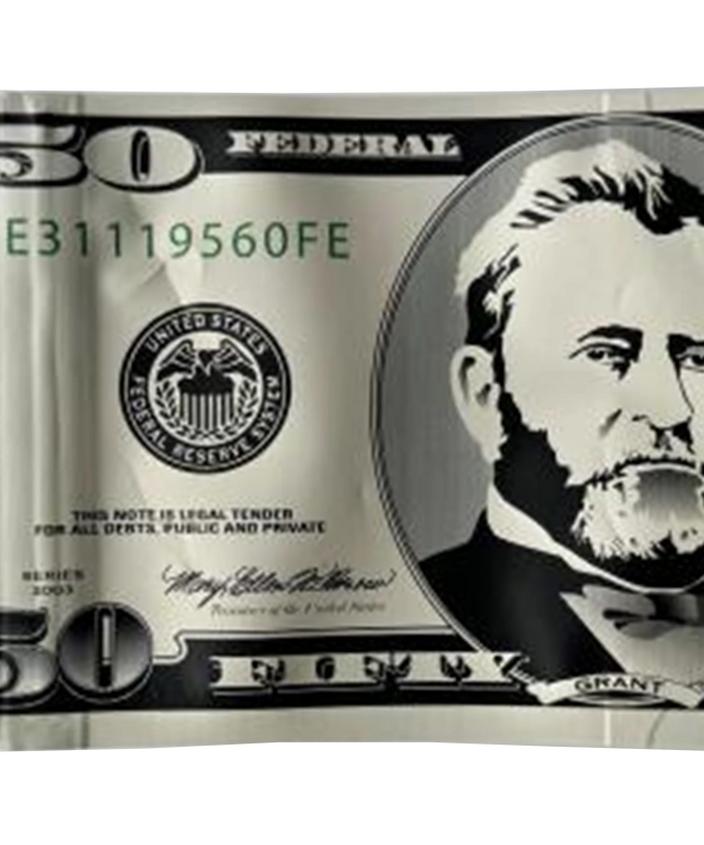 Money Mylar bag 3.5g, herb Mylar Bags, Where to buy mylar bags, Custom mylar bags near me, Mylar Bags Wholesale. Model of a $50 U.S. Federal Reserve note with a portrait on the right side.