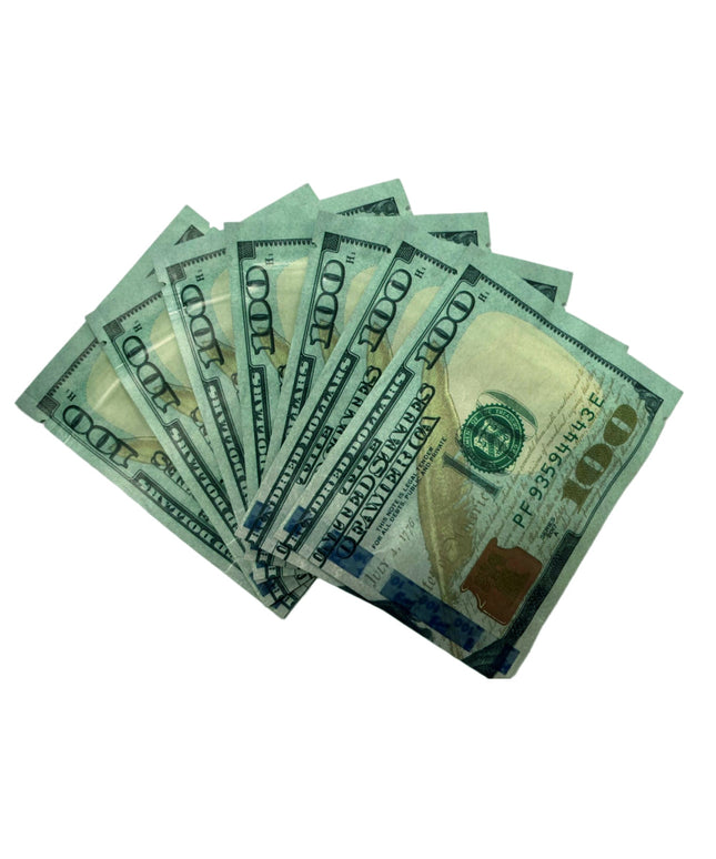 50 Pack 3.5g Money-Shaped Mylar Bags - Hundred Value Front Design