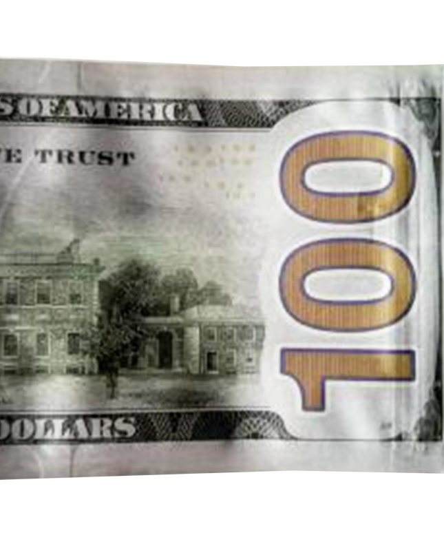 Money Mylar bag 3.5g, herb Mylar Bags, Where to buy mylar bags, Custom mylar bags near me, Mylar Bags Wholesale. Close-up of a $100 bill with a clear plastic bag over it