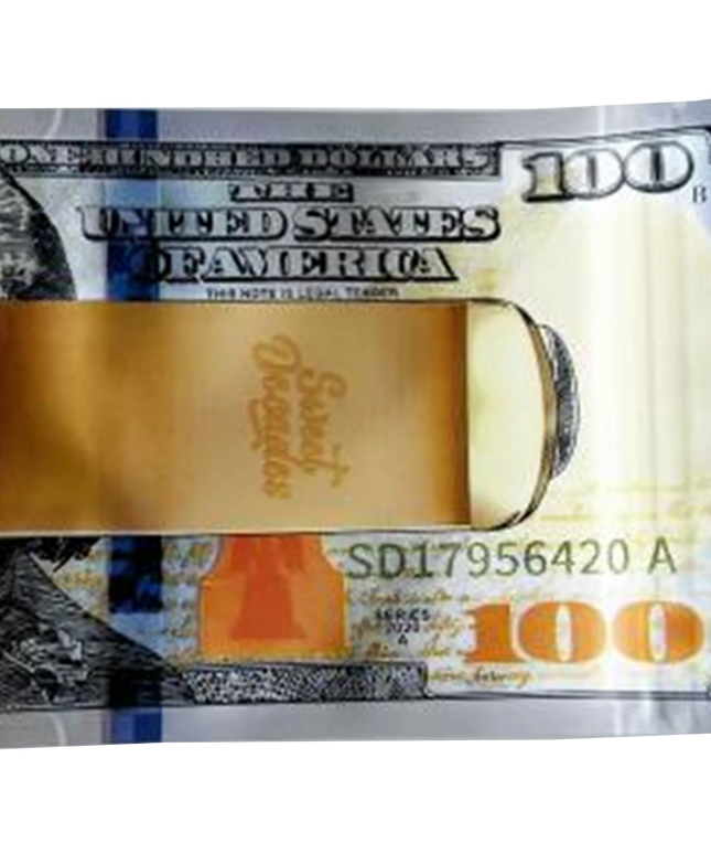 Money Mylar bag 3.5g, herb Mylar Bags, Where to buy mylar bags, Custom mylar bags near me, Mylar Bags Wholesale. Gold beer mug with 'DeWitts' branding on a printed $100 bill background