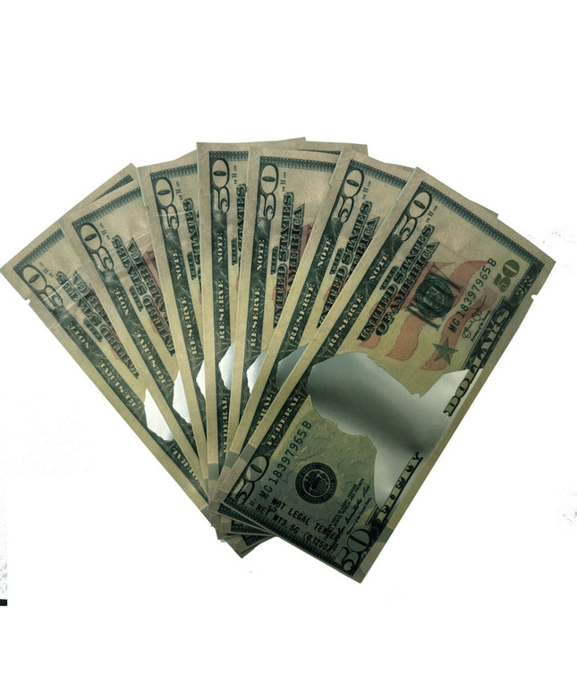 50 Pack 3.5g Money-Shaped Mylar Bags - Fifty Value Design
