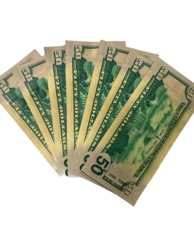 50 Pack 3.5g Money-Shaped Mylar Bags - Fifty Value Design