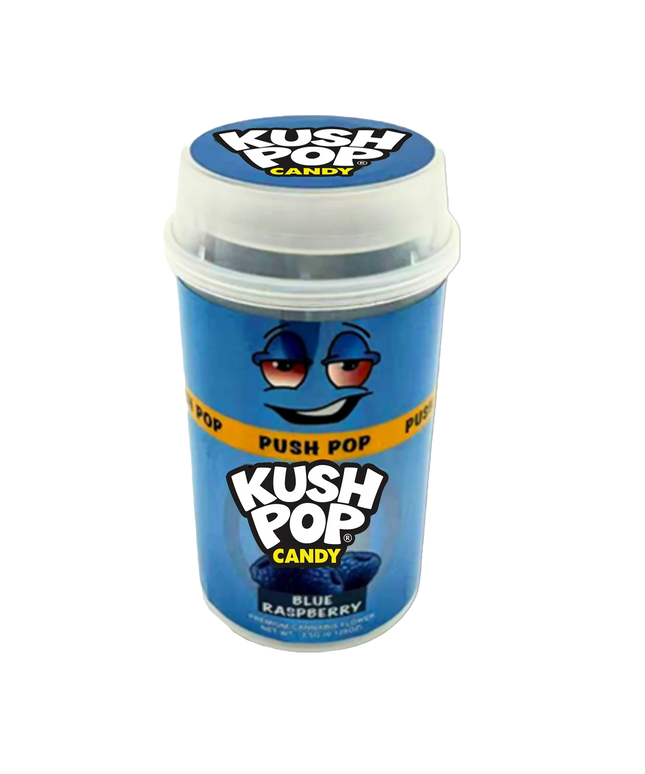 Mylar Bags, herb Mylar Bags, Where to buy mylar bags, Custom mylar bags near me, Mylar Bags Wholesale. Kush PopKush Pop candy container with blue lid and blue body on a white background