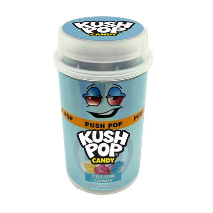 Mylar Bags, herb Mylar Bags, Where to buy mylar bags, Custom mylar bags near me, Mylar Bags Wholesale. Kush Pop Kush Pop candy container with blue lid and packaging on a white background