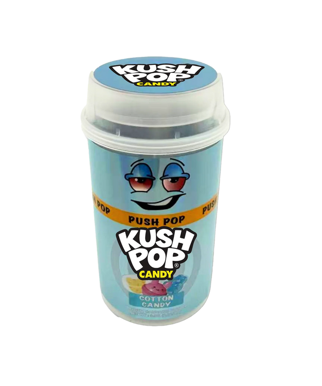 Mylar Bags, herb Mylar Bags, Where to buy mylar bags, Custom mylar bags near me, Mylar Bags Wholesale. Kush Pop Kush Pop candy container with blue lid and packaging on a white background