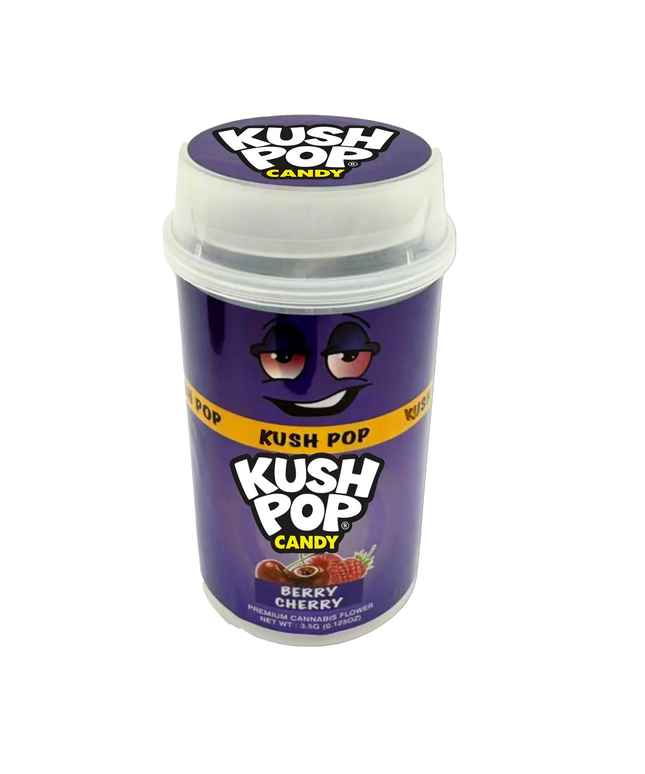 Mylar Bags, herb Mylar Bags, Where to buy mylar bags, Custom mylar bags near me, Mylar Bags Wholesale. Kush Pop Kush Pop candy container with purple label and white lid on a white background