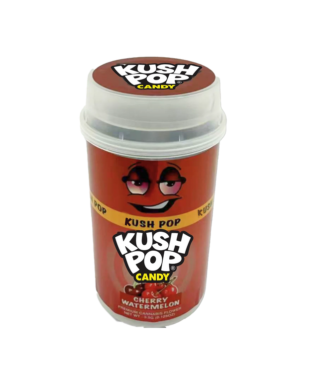 Mylar Bags, herb Mylar Bags, Where to buy mylar bags, Custom mylar bags near me, Mylar Bags Wholesale. Kush Pop Kush Pop candy container with red label and white lid on a white background