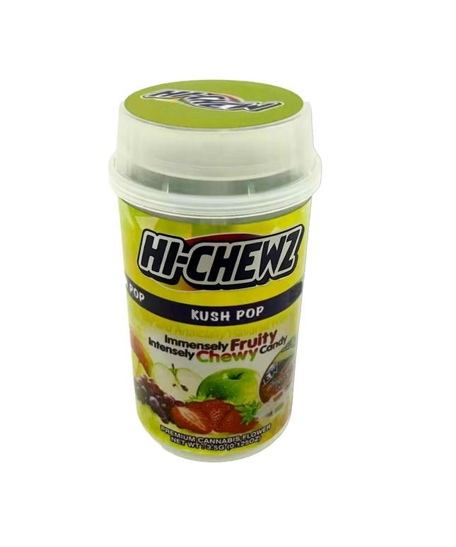 Mylar Bags, herb Mylar Bags, Where to buy mylar bags, Custom mylar bags near me, Mylar Bags Wholesale. Kush Pop Container of Hi-Chewz Kush Pop candy on a white background