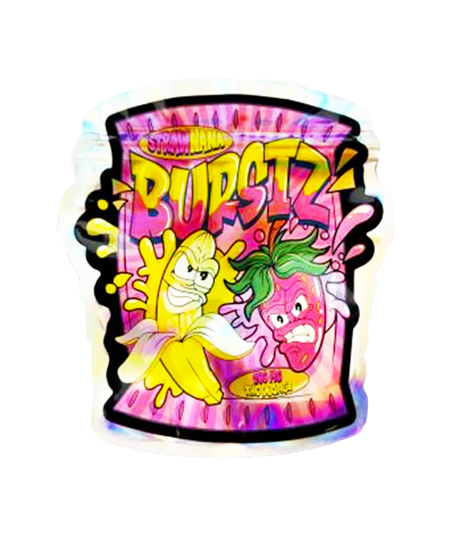 Mylar bag 3.5g, herb Mylar Bags, Where to buy mylar bags, Custom mylar bags near me, Mylar Bags Wholesale. Colorful container with cartoon characters and 'Burstz' branding on a white background