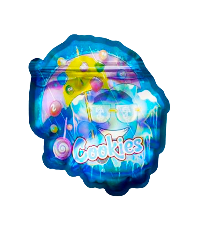 Mylar bag 3.5g, herb Mylar Bags, Where to buy mylar bags, Custom mylar bags near me, Mylar Bags Wholesale. Colorful balloon with a cartoon character and 'Cookies' text on a white background