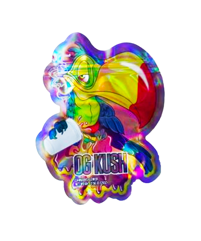 Mylar bag 3.5g, herb Mylar Bags, Where to buy mylar bags, Custom mylar bags near me, Mylar Bags Wholesale. Colorful 'OG Kush' product packaging with a cartoon character on a white background