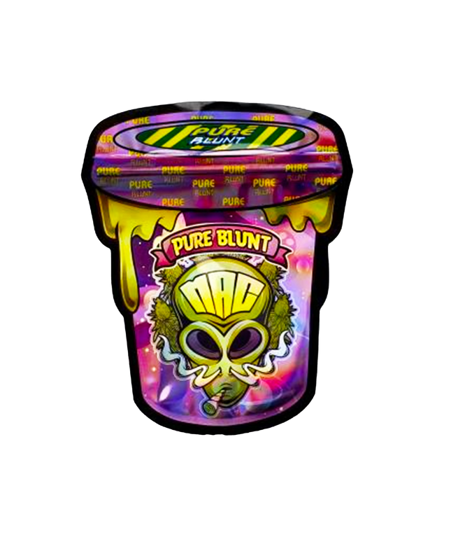 Mylar bag 3.5g, herb Mylar Bags, Where to buy mylar bags, Custom mylar bags near me, Mylar Bags Wholesale. Colorful container of Pure Blunt with alien design on a white background
