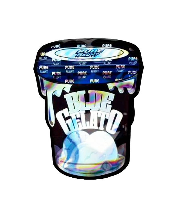 Mylar bag 3.5g, herb Mylar Bags, Where to buy mylar bags, Custom mylar bags near me, Mylar Bags Wholesale. Black container of 'Blue Gelato' with 'Pure' branding on a white background