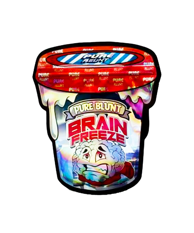 Mylar bag 3.5g, herb Mylar Bags, Where to buy mylar bags, Custom mylar bags near me, Mylar Bags Wholesale.  Ice cream container with 'Pure Blunt Brain Freeze' branding on a white background