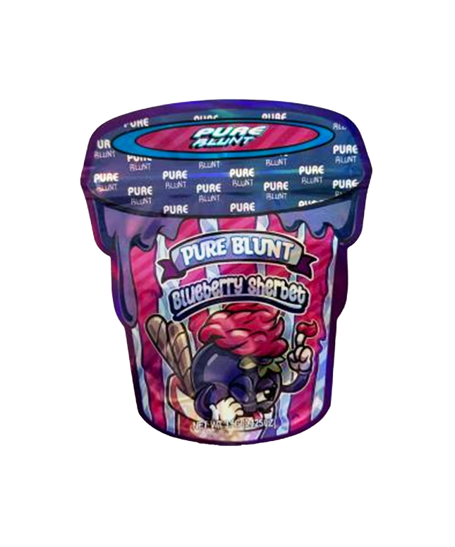 Mylar bag 3.5g, herb Mylar Bags, Where to buy mylar bags, Custom mylar bags near me, Mylar Bags Wholesale. Purple container of Pure Blunt Blueberry Sherbet on a white background