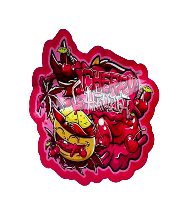 Mylar bag 3.5g, herb Mylar Bags, Where to buy mylar bags, Custom mylar bags near me, Mylar Bags Wholesale. Sticker with cherry and pineapple design on a pink background