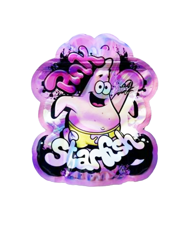 Mylar bag 3.5g, herb Mylar Bags, Where to buy mylar bags, Custom mylar bags near me, Mylar Bags Wholesale. Colorful Patrick Star figurine with 'Starfish' text on a white background