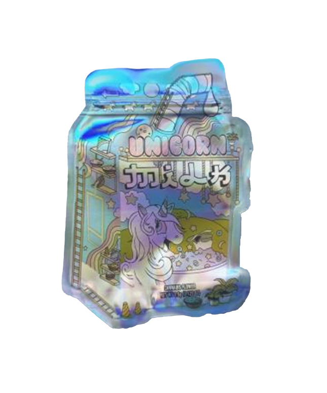 Mylar bag 3.5g, herb Mylar Bags, Where to buy mylar bags, Custom mylar bags near me, Mylar Bags Wholesale. Holographic packaging with unicorn design and text on a white background