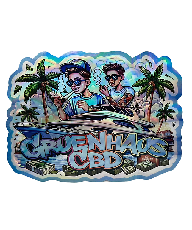 Mylar bag 3.5g, herb Mylar Bags, Where to buy mylar bags, Custom mylar bags near me, Mylar Bags Wholesale. Sticker with two people on a boat, palm trees, and 'Gruenhaus CBD' text.