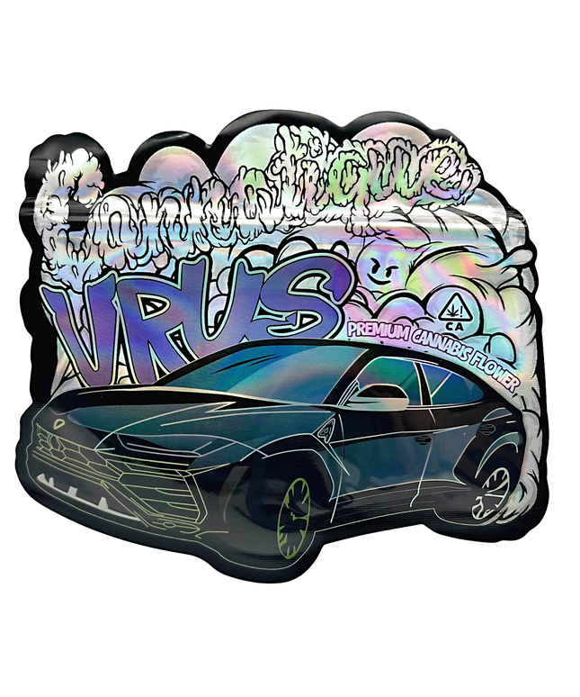 Mylar bag 3.5g, herb Mylar Bags, Where to buy mylar bags, Custom mylar bags near me, Mylar Bags Wholesale. Holographic sticker with 'Virus' branding and car illustration on a white background