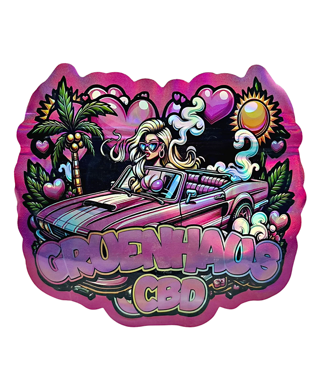 Mylar bag 3.5g, herb Mylar Bags, Where to buy mylar bags, Custom mylar bags near me, Mylar Bags Wholesale. Colorful graphic with a woman in a car, palm trees, and 'Greenhaze CBD' text on a pink border.