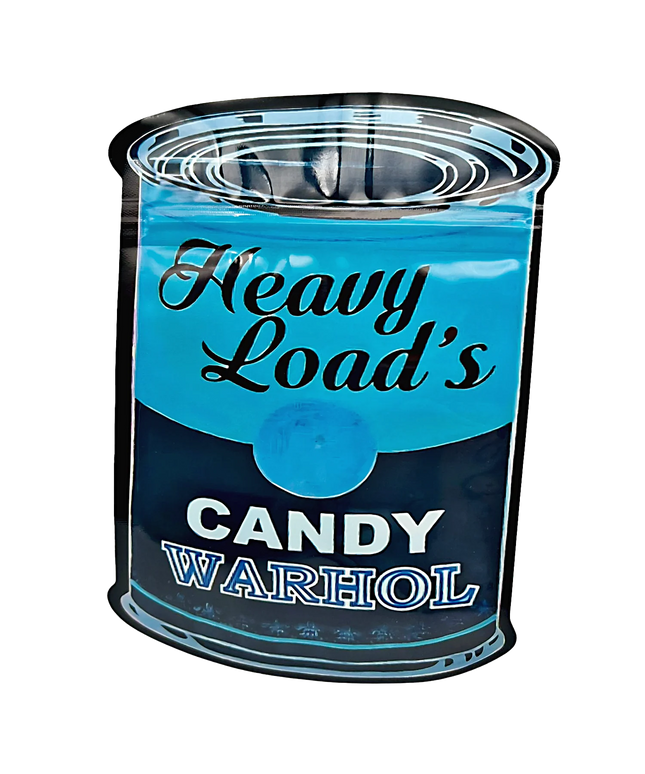 Mylar bag 3.5g, herb Mylar Bags, Where to buy mylar bags, Custom mylar bags near me, Mylar Bags Wholesale. Blue canister with 'Heavy Load's Candy Warhol' text on a white background