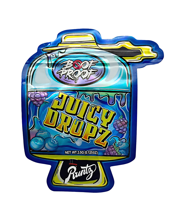 Mylar bag 3.5g, herb Mylar Bags, Where to buy mylar bags, Custom mylar bags near me, Mylar Bags Wholesale. Colorful packaging of Juicy Dropz by Boot Profi with Runty branding on a white background