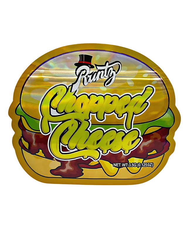 Mylar bag 3.5g, herb Mylar Bags, Where to buy mylar bags, Custom mylar bags near me, Mylar Bags Wholesale. Packaged snack with 'Punny Chopped Cheese' branding on a white background