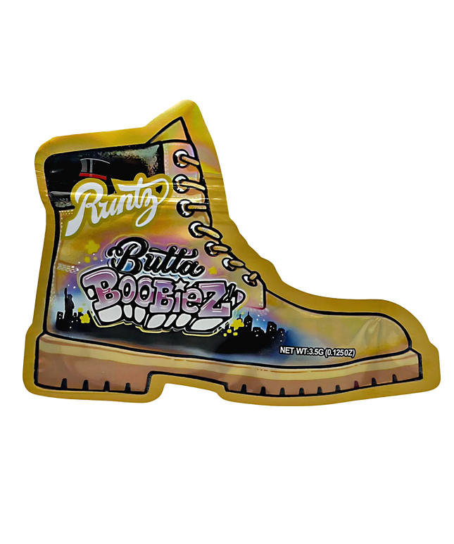Mylar bag 3.5g, herb Mylar Bags, Where to buy mylar bags, Custom mylar bags near me, Mylar Bags Wholesale. Boot-shaped packaging with 'Runtz' and 'Butta Boobiez' branding on a white background