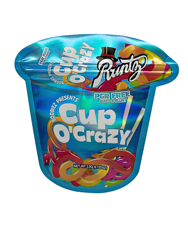 Mylar bag 3.5g, herb Mylar Bags, Where to buy mylar bags, Custom mylar bags near me, Mylar Bags Wholesale. Cup O' Crazy candy packaging with colorful text and branding on a white background