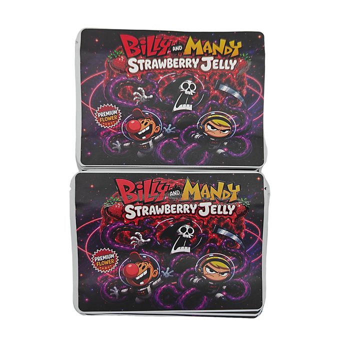 32 Pack – 7g Exotic Thick Sticker Mylar Bags – Premium Smell Proof - Billy and Mandy Strawberry Jelly (SMB-7G-004)