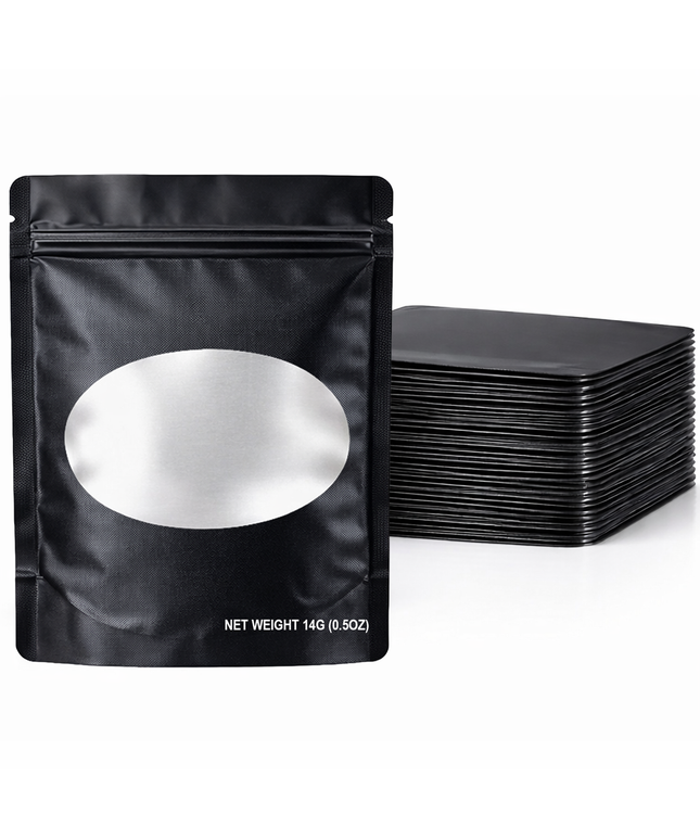 50 Pack – 14g Solid Color Mylar Bags with Oval Window - Black
